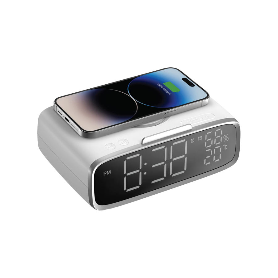 ساعة رقمية مع شاحن لاسلكي ومكبر صوت Q.CLOCK5 - أبيض -MOMAX