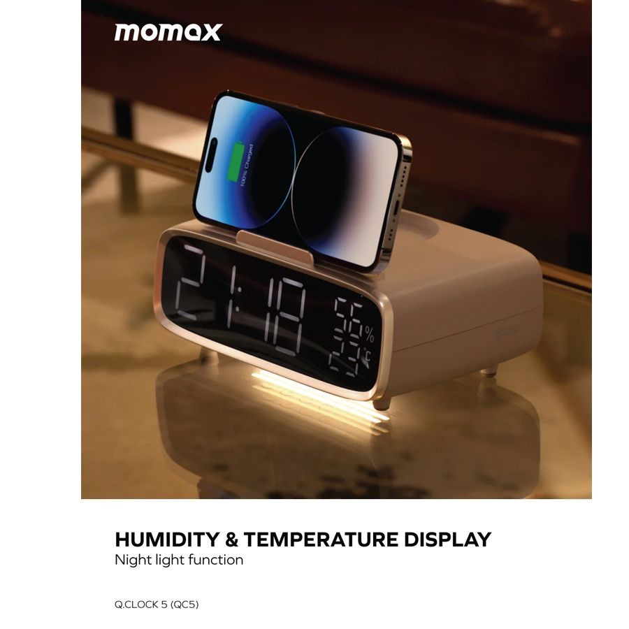 ساعة رقمية مع شاحن لاسلكي ومكبر صوت Q.CLOCK5 - أبيض -MOMAX