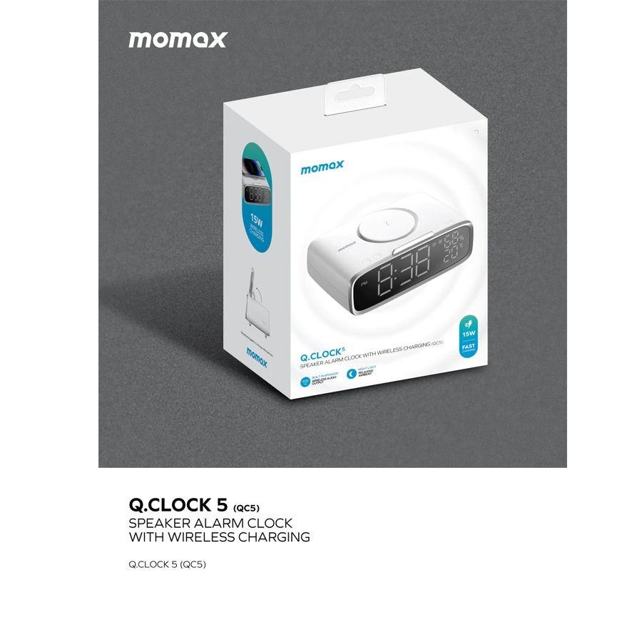 ساعة رقمية مع شاحن لاسلكي ومكبر صوت Q.CLOCK5 - أبيض -MOMAX