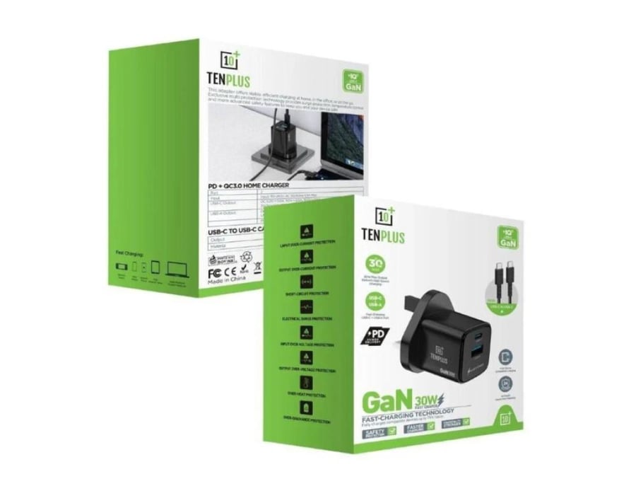 TENPLUS - فيش جداري بمنفذ تايب سي و منفذ يواس بي بقوة 30 واط بتقنية GaN مع كيبل لايتينق