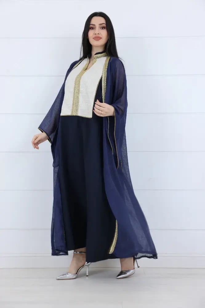 جلابية لينن قطعتين مزينة بتطريز ذهبي عصري تراثي على الياقة والاطراف - كحلي