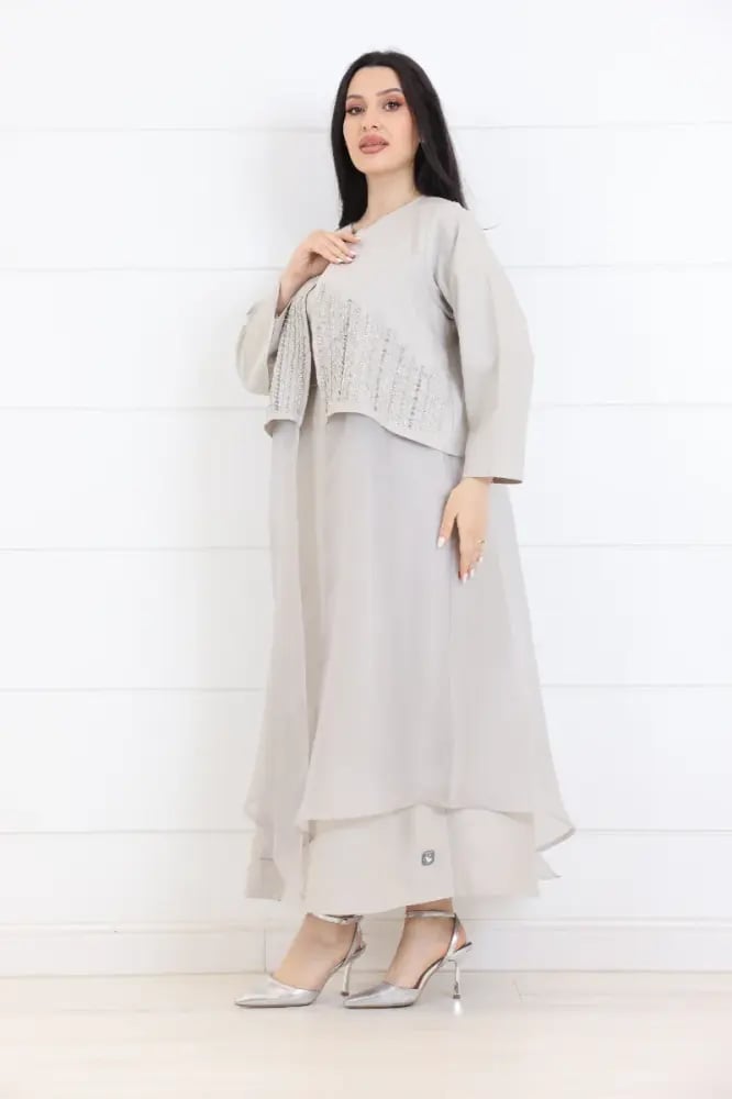 Two-piece jacquard dress with organza in beige