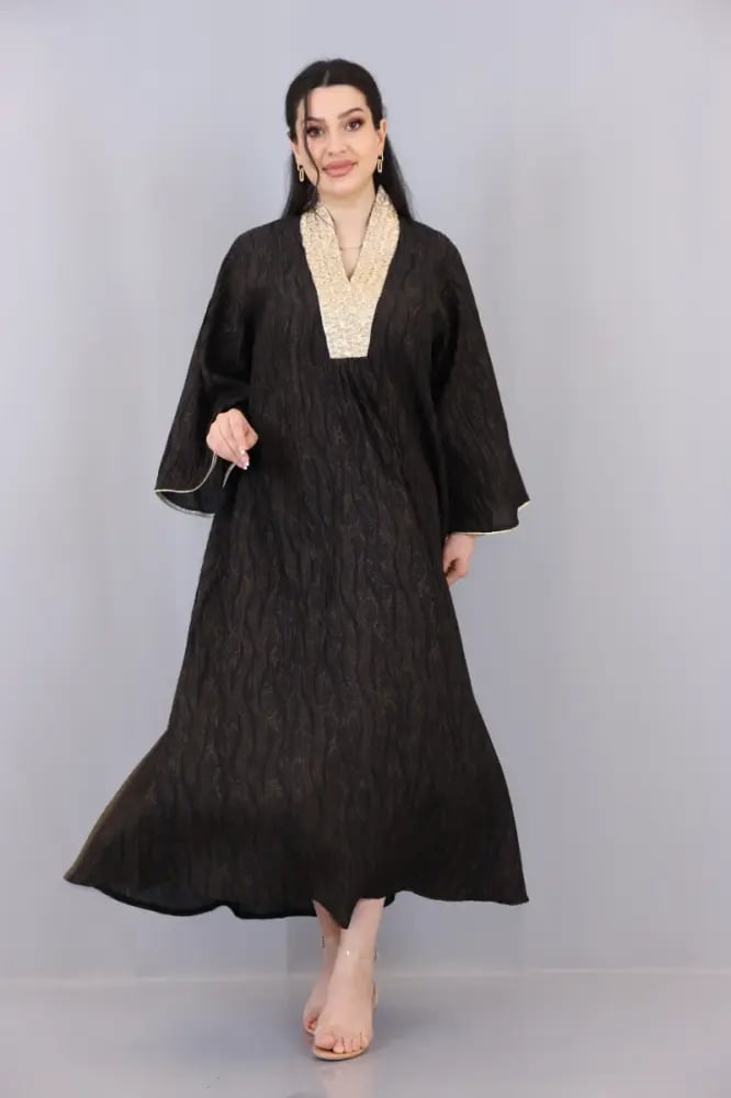 Snake skin dress with waist belt and V-neck decorated with luxurious gold embroidery