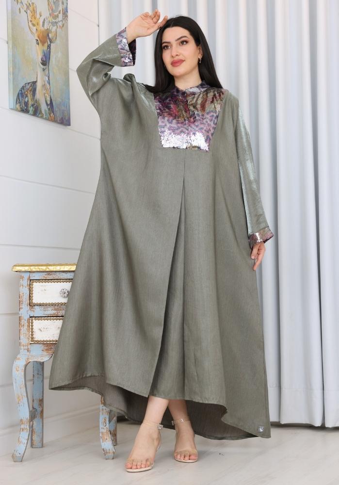 Olive dress decorated with sequined collar, chest, and sleeves, with a waist belt