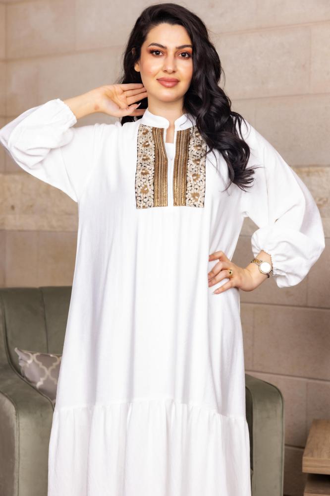 Colorful summer dress with V-neckline, embroidered, and waist belt, beige color