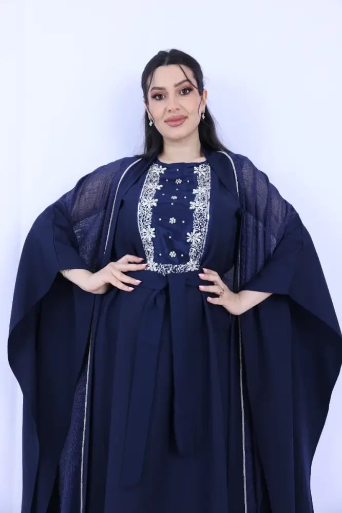 فستان لينن قطعتين القطعة الداخلية مزينة بتطريز وشك يدوي فضي - كحلي