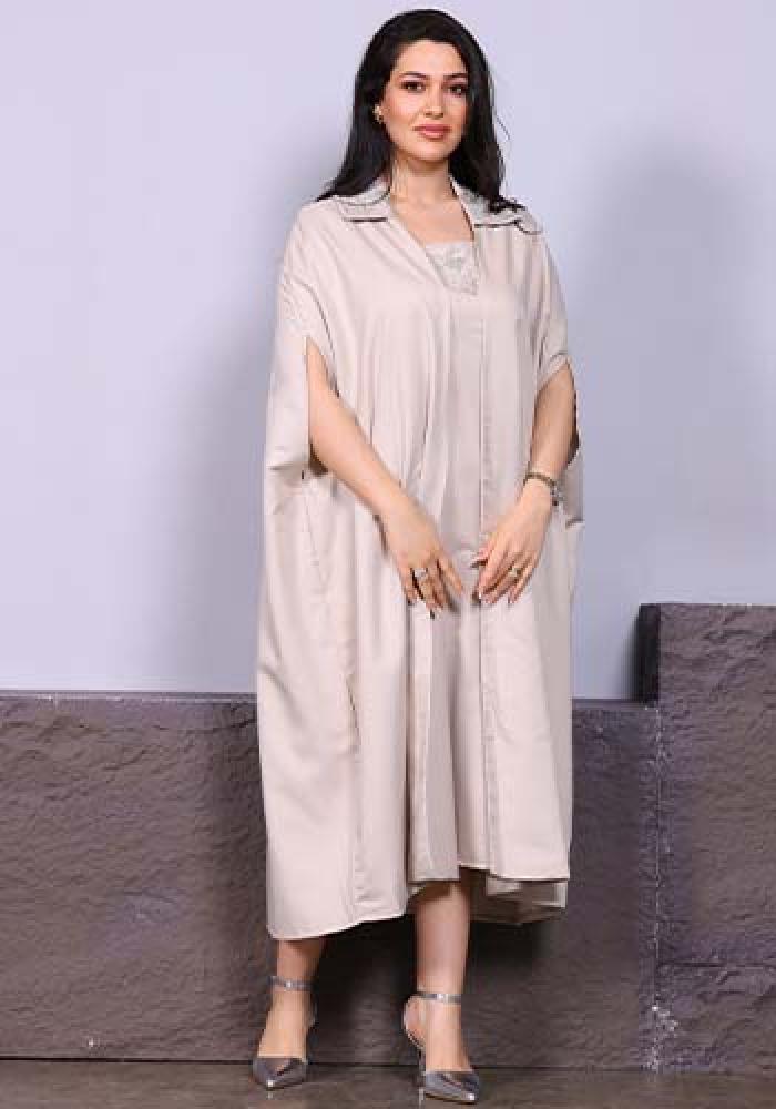 Women's cloak two pieces short wide decorated with collar embroidered with silver beige color