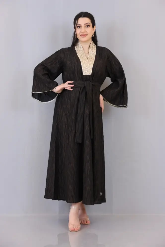 Snake skin dress with waist belt and V-neck decorated with luxurious gold embroidery