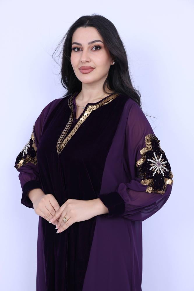 فستان ماكسي ملكي بمزيج المخمل الفلفيت والشيفون البنفسجي