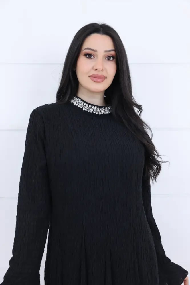 فستان كريشة سادة ياقة دائرية مزينة بشك يدوي لامع - اسود