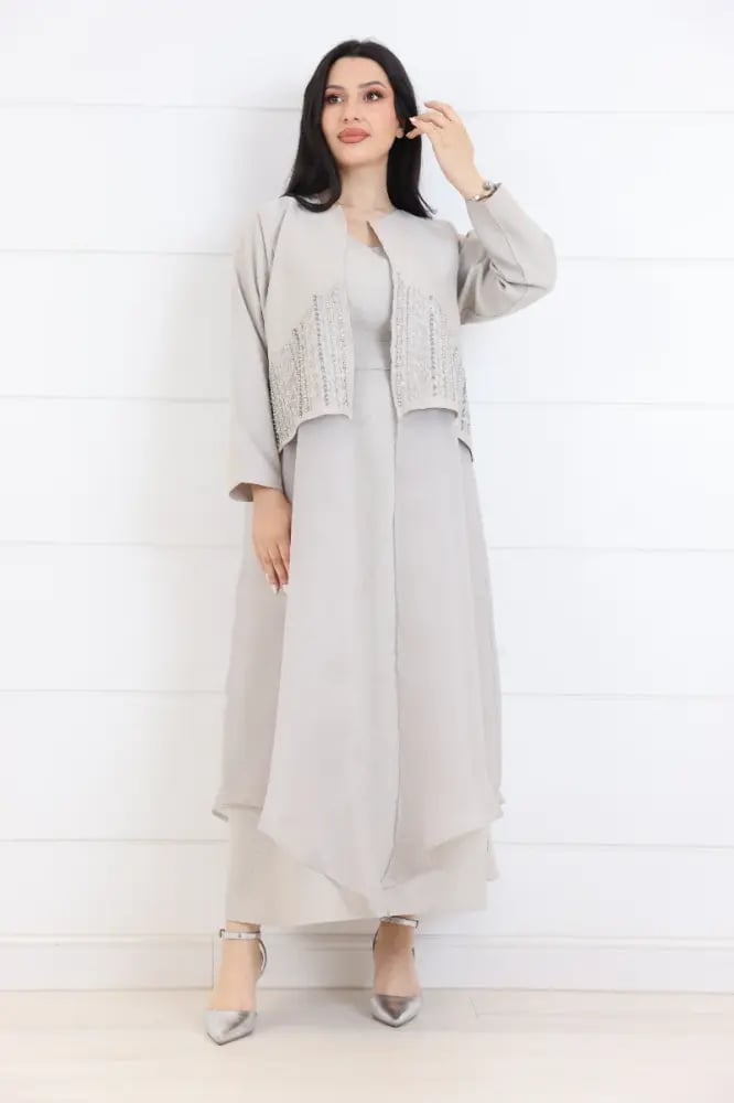Two-piece jacquard dress with organza in beige