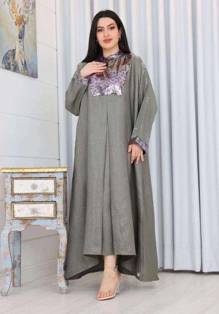 Olive dress decorated with sequined collar, chest, and sleeves, with a waist belt