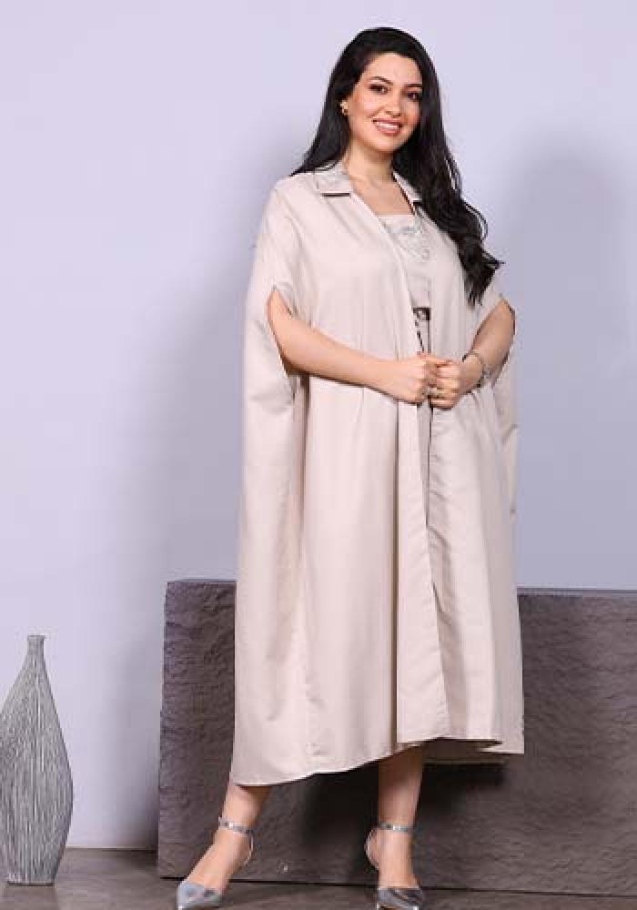 Women's cloak two pieces short wide decorated with collar embroidered with silver beige color