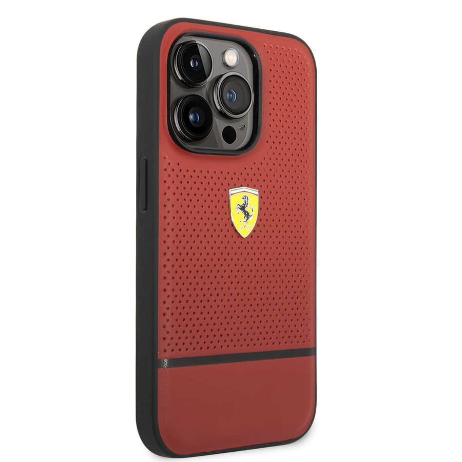 كفر ايفون 14 برو ماكس جلد صلب مثقب فيراري أحمر Ferrari Leather Perforated & Line Hard Case