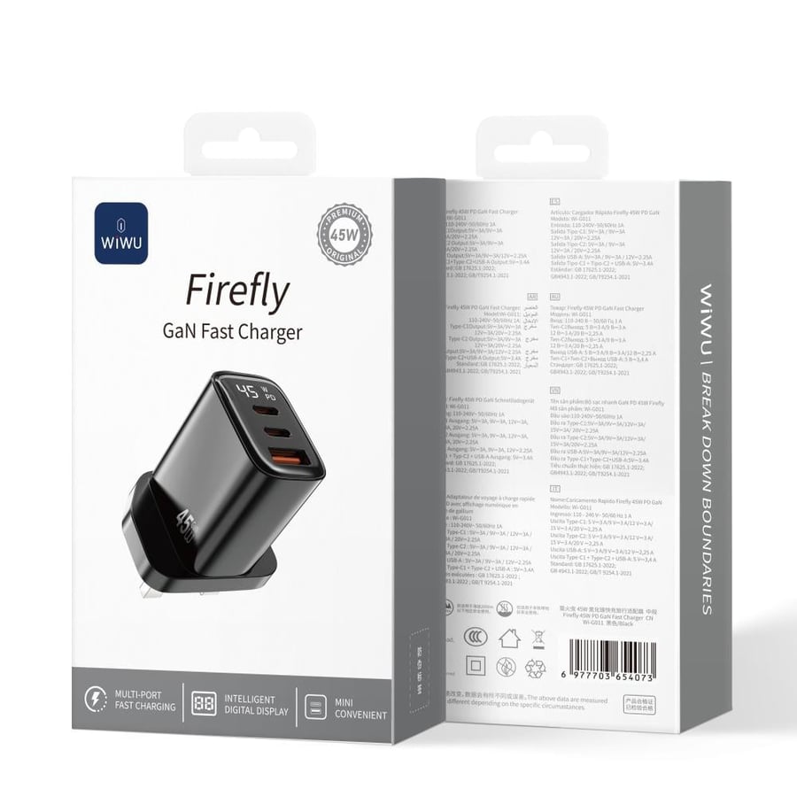 ويوو - فيش جداري GaN بقوة 45 واط بمنفذين USB-C ومنفذ USB للشحن السريع PD - اسود