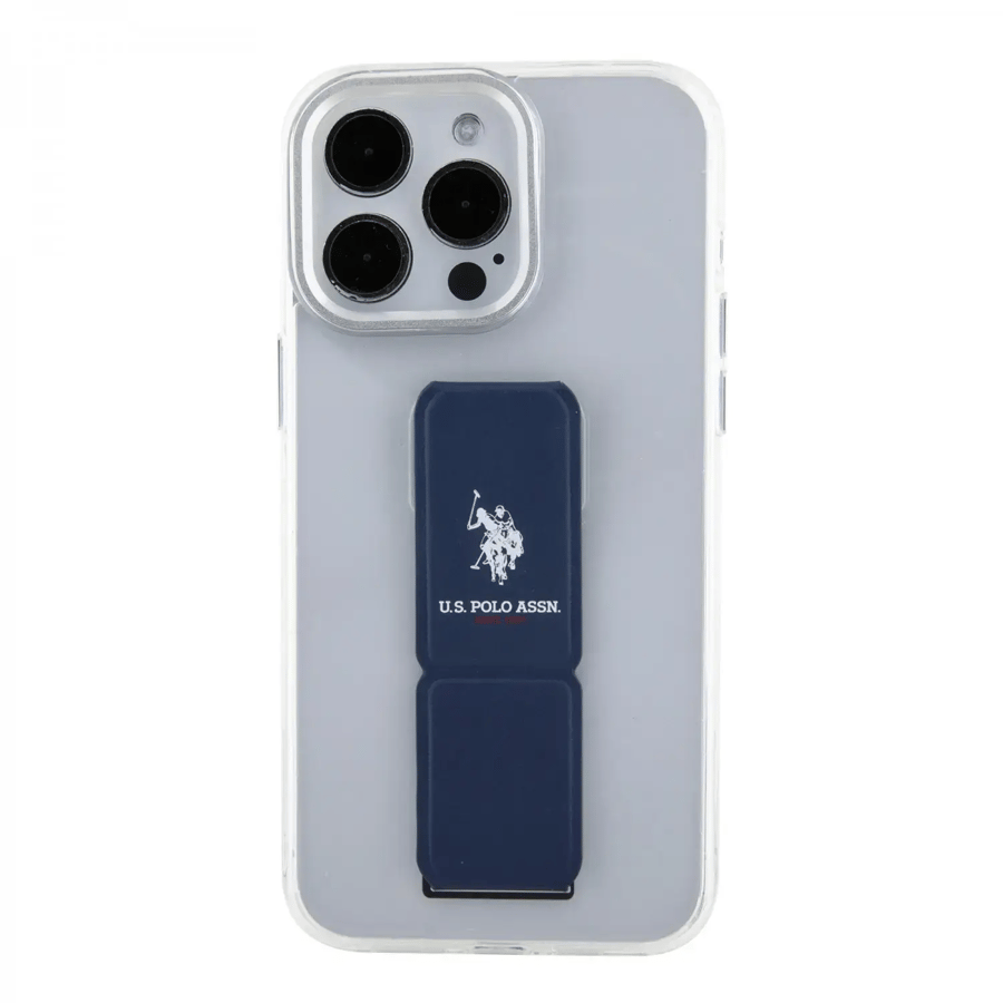 كفر جوال ايفون 15 برو ماكس شفاف بمقبض جلدي اسود من يو اس بولو U.S.Polo Assn. Clear Case with Leather Gripstand for iPhone 15 Pro Max Black