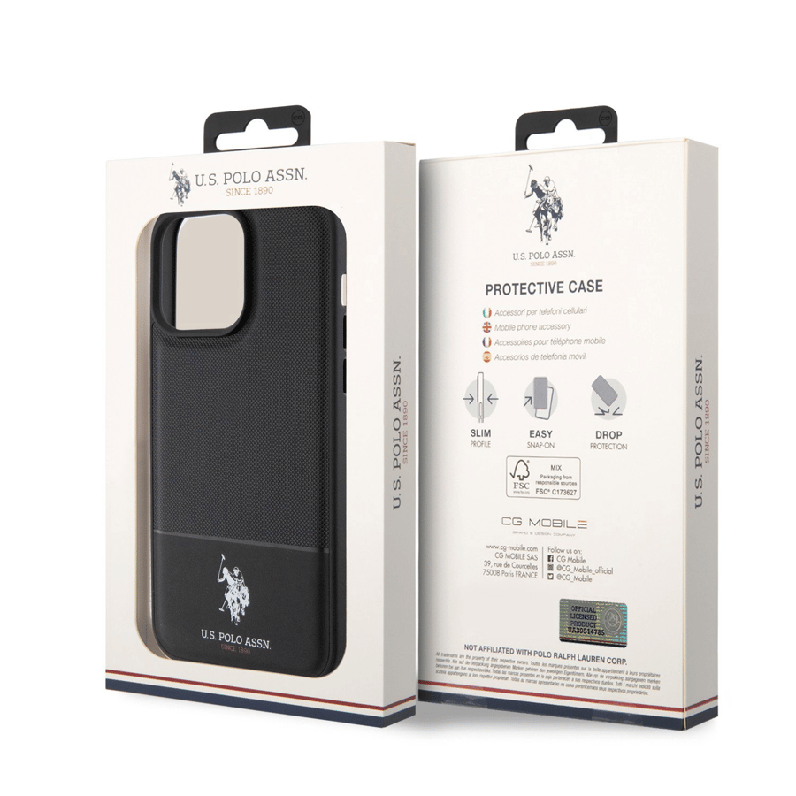 كفر ايفون 15 برو ماكس جلد أسود يو اس بولو U.S.Polo Assn. PU Leather Mesh Pattern DH Case for iPhone 15 Pro
