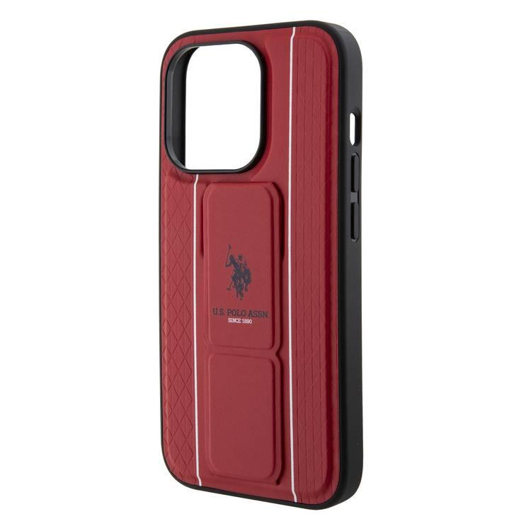 كفر ايفون 15 برو جلد بوري يوريثان أحمر يو اس بولو أسن U.S.Polo Assn Textured Pattern Grip Stand Case for iPhone 15 Pro