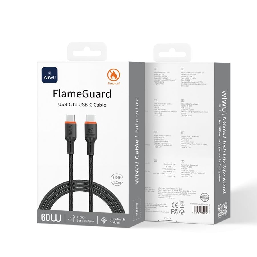 ويوو - كابل حماية من اللهب USB-C الى USB-C موديل Wi-C098 - اسود