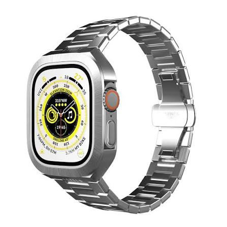 سوار ساعة آبل من الستانلس ستيل49 ملم فضي من ليفلو رويال Levelo Royal Stainless Steel Strap and Case For Apple Watch Strap