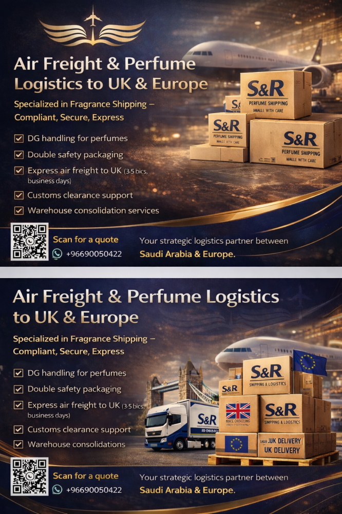 شحن جوي للعطور إلى المملكة المتحدة وأوروبا مع SR Express