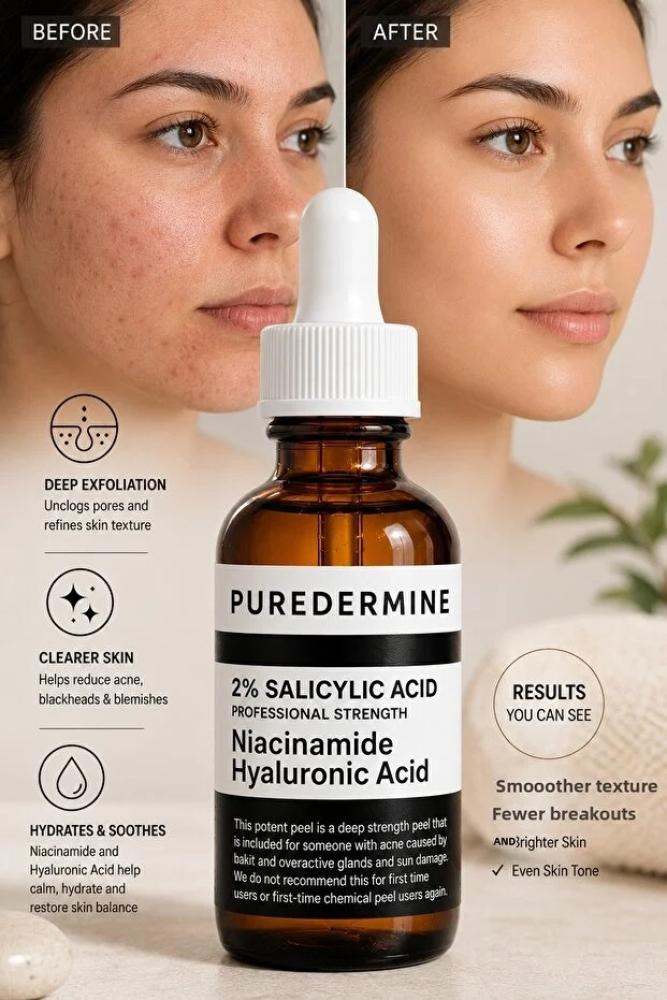 Puredermine سيروم حمض الساليسيليك بنسبة 2% يحتوي على BHA ويحتوي على النياسيناميد وحمض الهيالورونيك، سيروم للعناية بالبشرة مضاد للرؤوس السوداء ومناسب للبشرة الدهنية والمعرضة لحب الشباب.