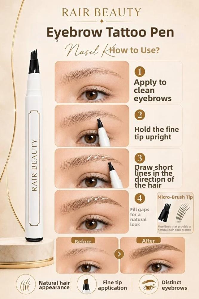RAİR BEAUTY قلم حواجب دائم ذو طرف مسنن باللون البني من مايكروبلادينج ومثبت حواجب شفاف، مجموعة مزدوجة