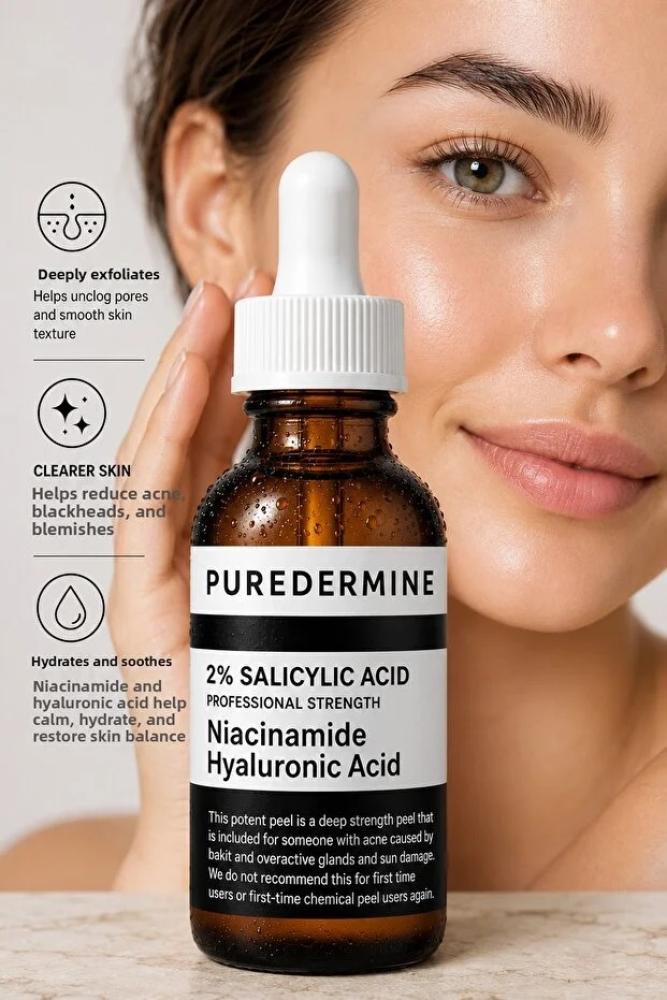Puredermine سيروم حمض الساليسيليك بنسبة 2% يحتوي على BHA ويحتوي على النياسيناميد وحمض الهيالورونيك، سيروم للعناية بالبشرة مضاد للرؤوس السوداء ومناسب للبشرة الدهنية والمعرضة لحب الشباب.