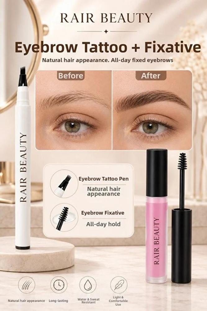 RAİR BEAUTY قلم حواجب دائم ذو طرف مسنن باللون البني من مايكروبلادينج ومثبت حواجب شفاف، مجموعة مزدوجة