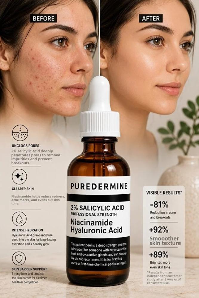 Puredermine سيروم حمض الساليسيليك بنسبة 2% يحتوي على BHA ويحتوي على النياسيناميد وحمض الهيالورونيك، سيروم للعناية بالبشرة مضاد للرؤوس السوداء ومناسب للبشرة الدهنية والمعرضة لحب الشباب.