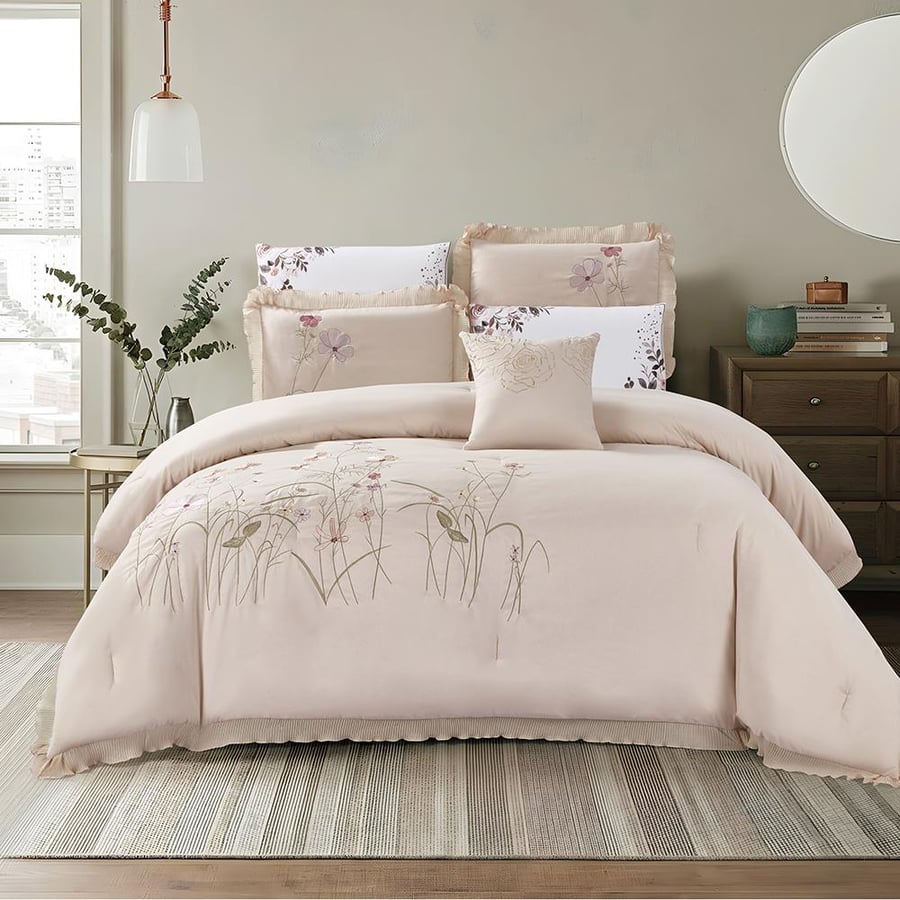 ‏ Azalea - Embroidered  Double Summer bedding set - 7 pieces -Dark beige
