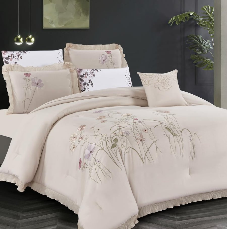 ‏ Azalea - Embroidered  Double Summer bedding set - 7 pieces -Dark beige
