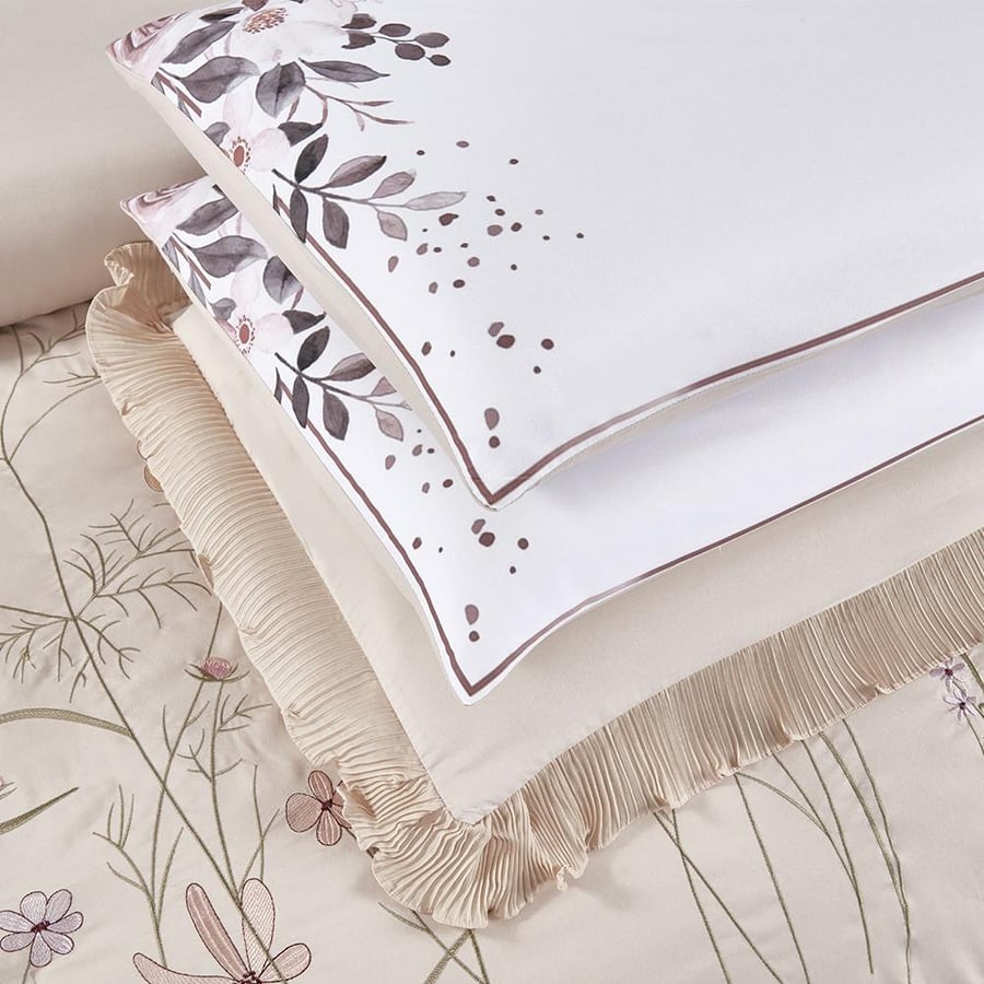 ‏ Azalea - Embroidered  Double Summer bedding set - 7 pieces -Dark beige