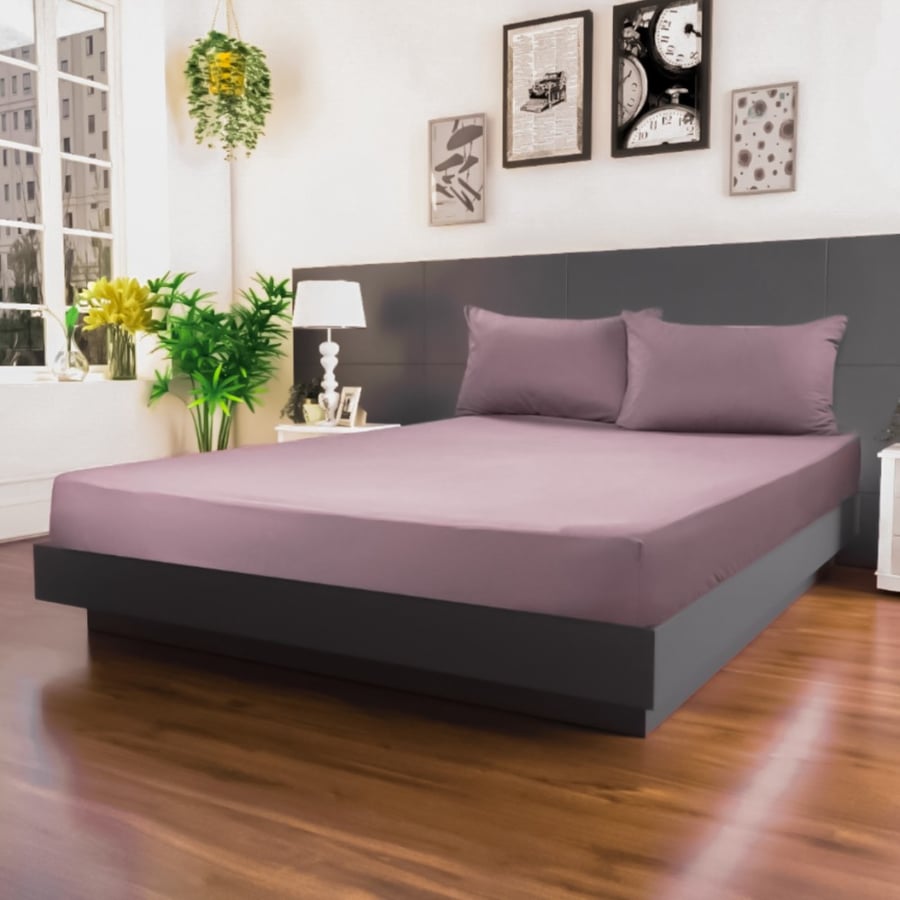 Double cotton Fitted Sheet Set - 3 Pieces- Dark Pink