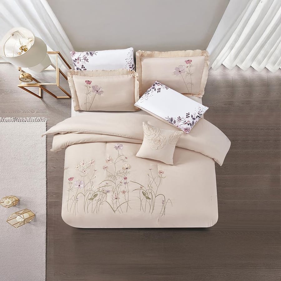 ‏ Azalea - Embroidered  Double Summer bedding set - 7 pieces -Dark beige