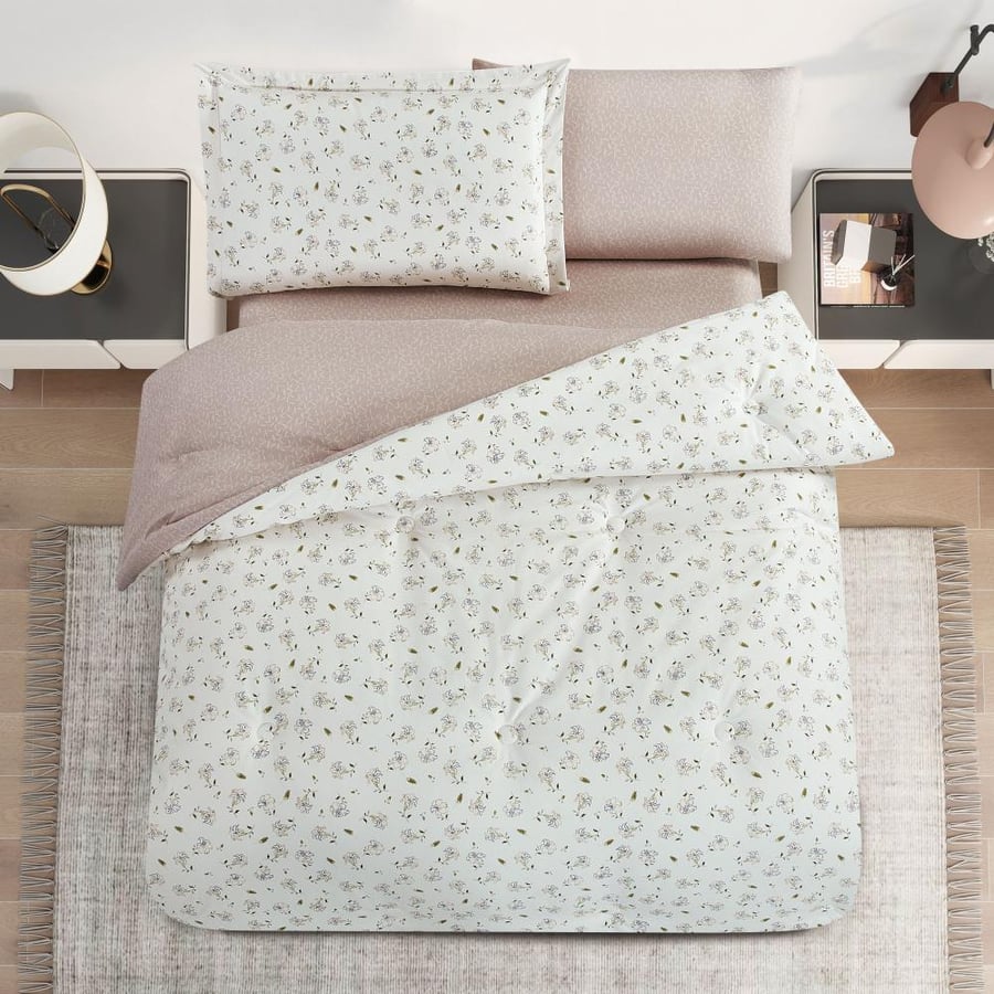 Single Summer Microfiber Bedding Set- 4 Pieces -Layton- White  - Nude