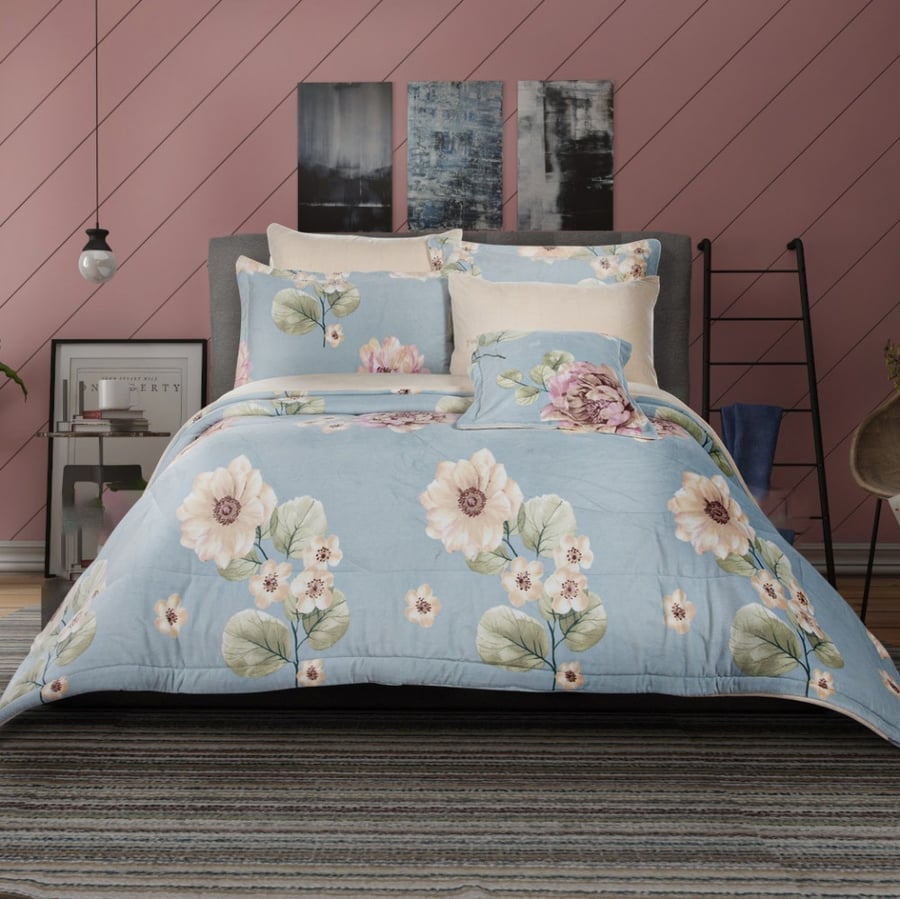 Queen bedspread - single and a half winter 5 pieces flannel sky blue / patterned - Laren