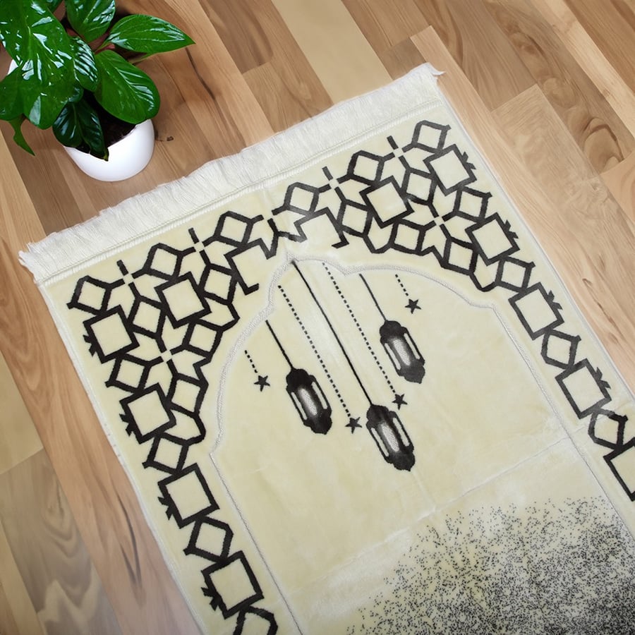 شراء سجادة صلاة حرير اكريلك تركي - اخلاص - كريمي - رمادي - مفارش ميلين
