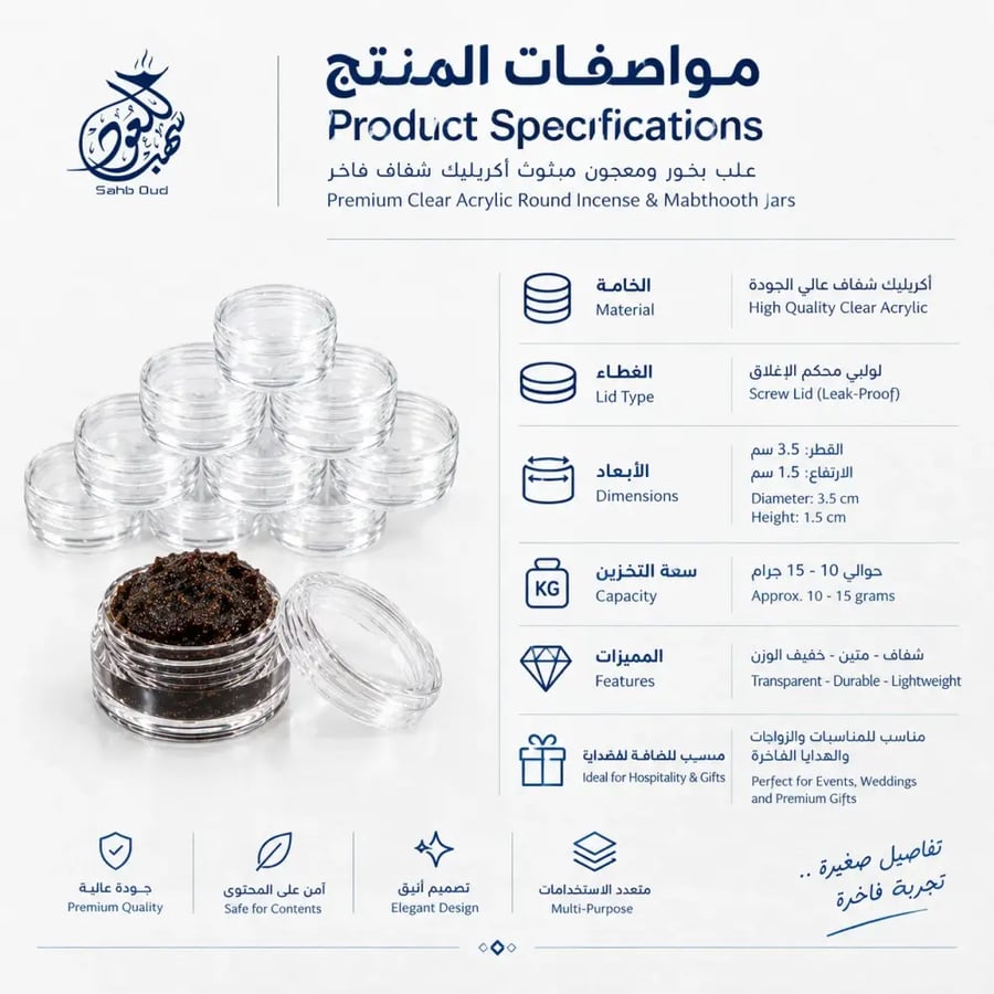 بطاقة المواصفات الفنية المربعة لأبعاد ومكونات طقم علب حفظ البخور.