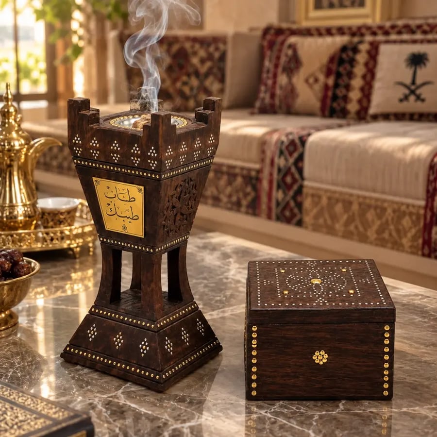 صورة حية مبخرة التراث السلماني الحجم الكبير مزينة بالرشم وبجوارها علبة