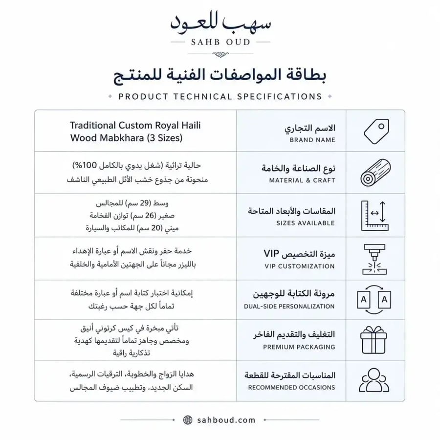 بطاقة المواصفات الفنية مبخرة حائلية خشب أثل أصلي سهب للعود