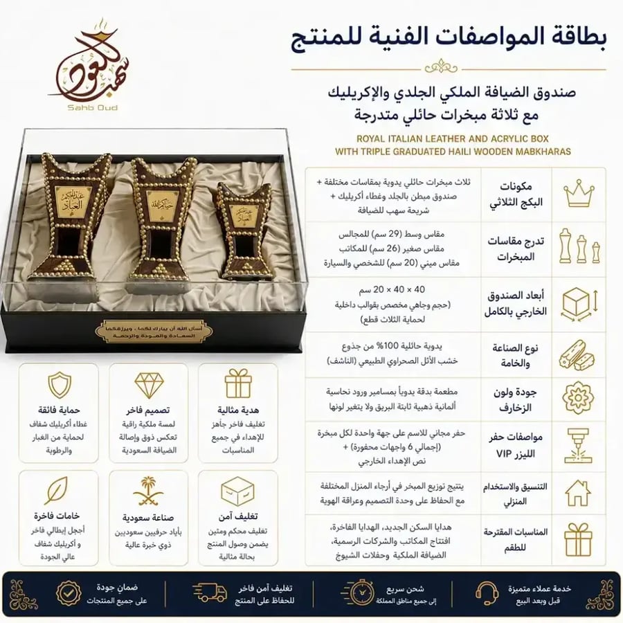بطاقة المواصفات الفنية المربعة لمكونات طقم مباخر سهب الثلاثي خشب أثل