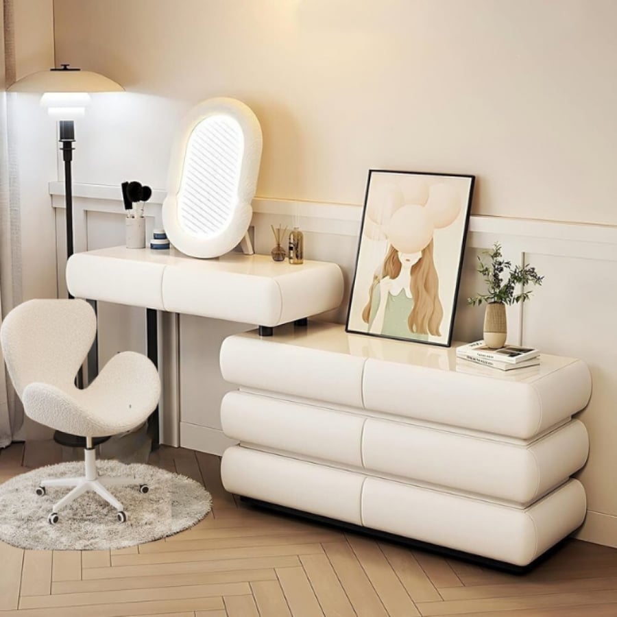 A smart modern hairstyle with LED mirror and multiple storage cabinet