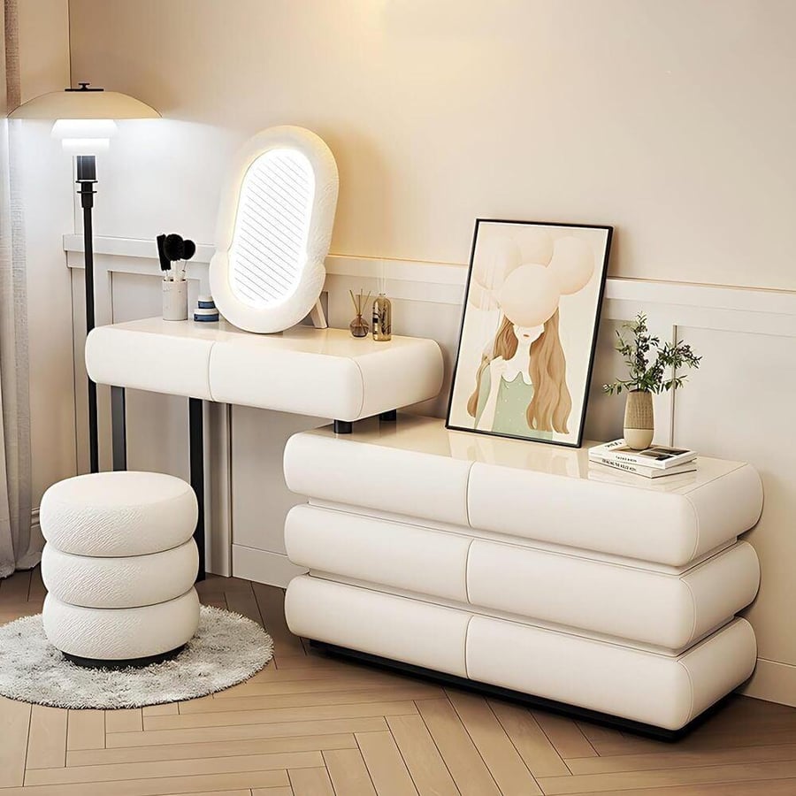 A smart modern hairstyle with LED mirror and multiple storage cabinet