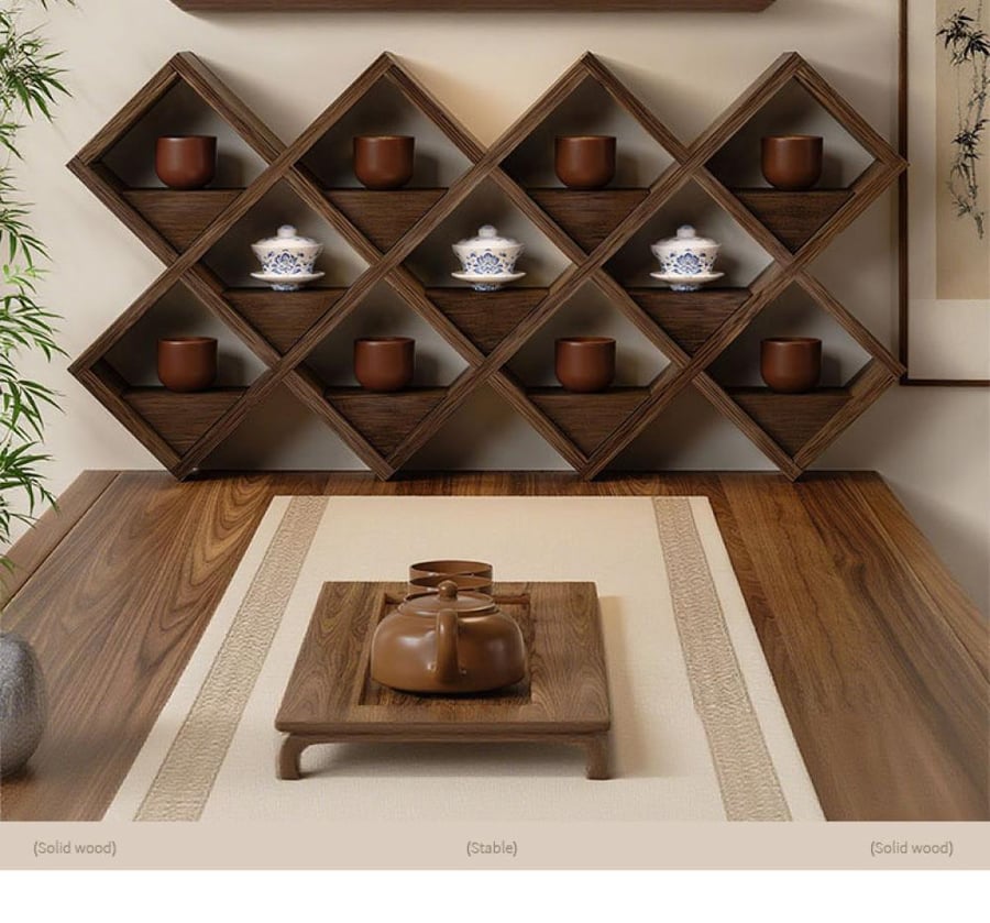 Mesh storage rack in a diamond shape made of hardwood