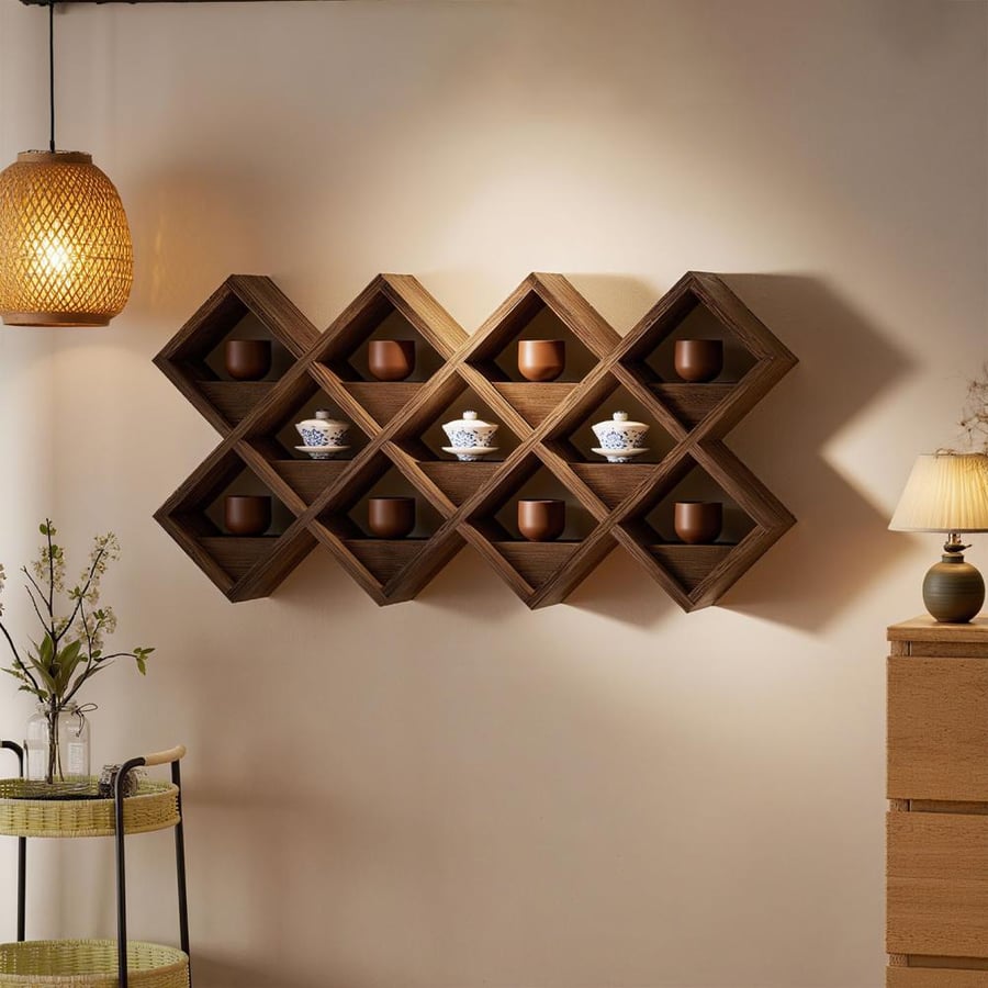Mesh storage rack in a diamond shape made of hardwood
