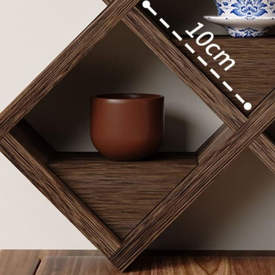 Mesh storage rack in a diamond shape made of hardwood