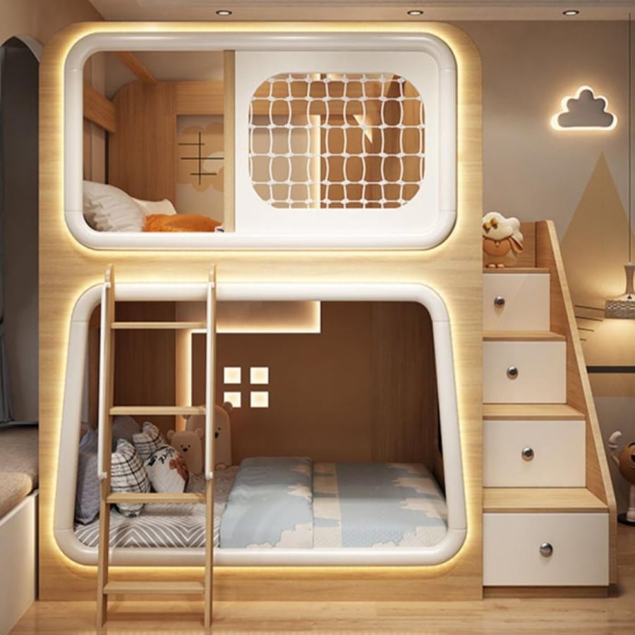 سرير أطفال بطابقين على شكل كبسولة فضائية – تصميم مبتكر للأشقاء