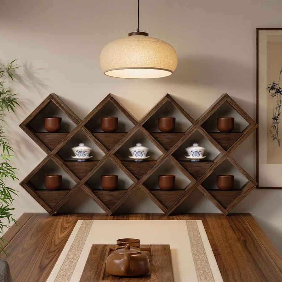 Mesh storage rack in a diamond shape made of hardwood