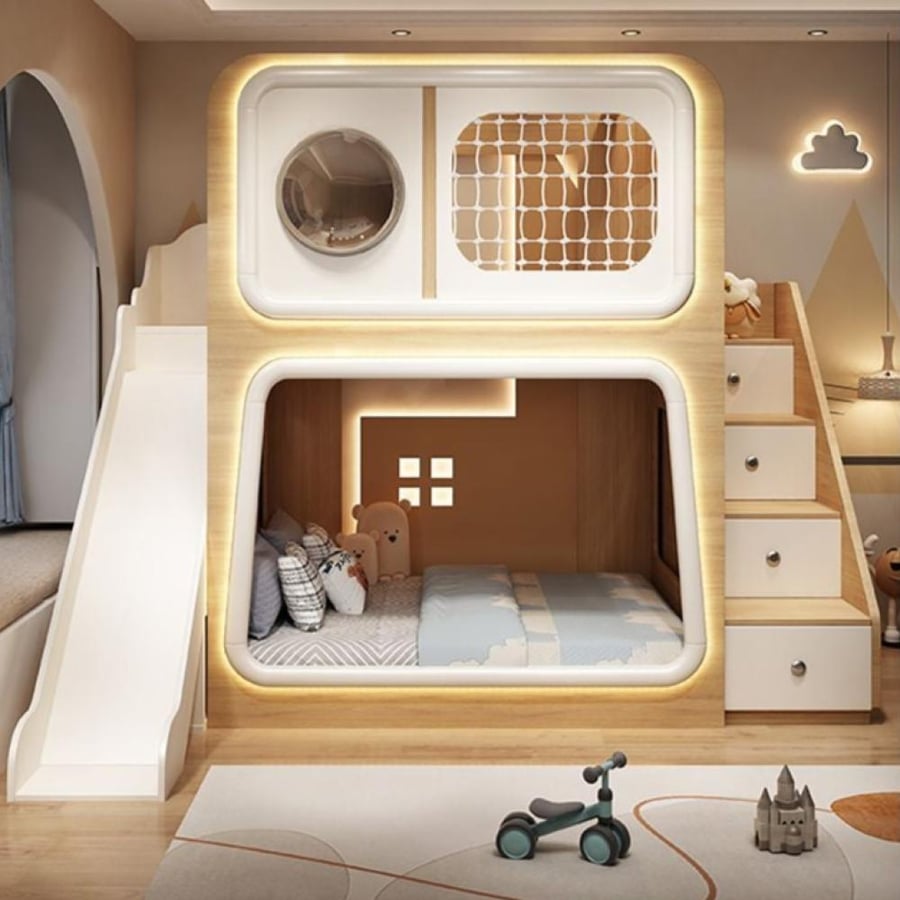 سرير أطفال بطابقين على شكل كبسولة فضائية – تصميم مبتكر للأشقاء